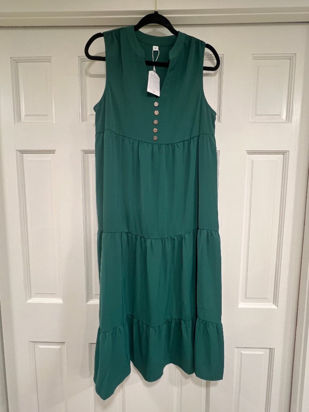 NWT Forest Green Tiered Sleeveless Maxi Dress | Button Front Mandarin Collar | M